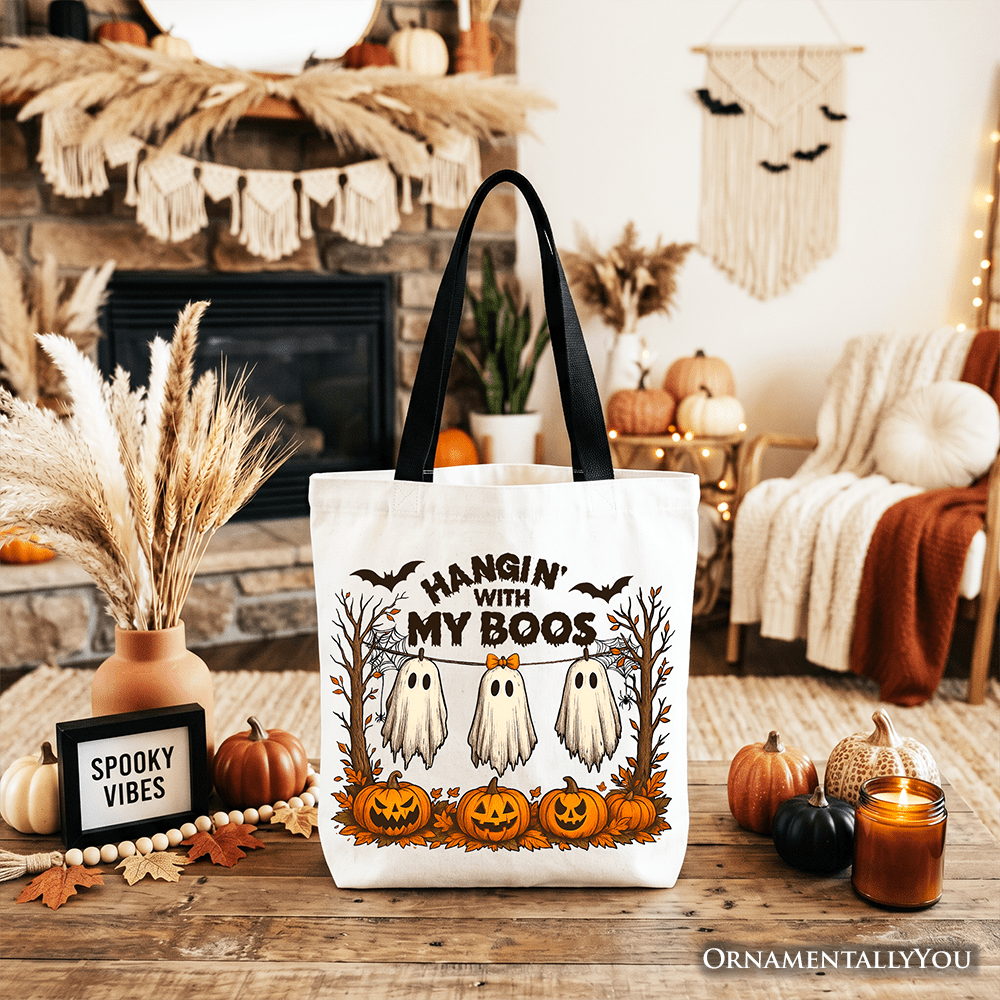 Boho Spooky Season Ghost Tote Bag, Cute Halloween Gift Shopper with Fall Pumpkins