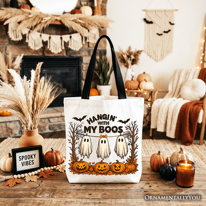 Boho Spooky Season Ghost Tote Bag, Cute Halloween Gift Shopper with Fall Pumpkins