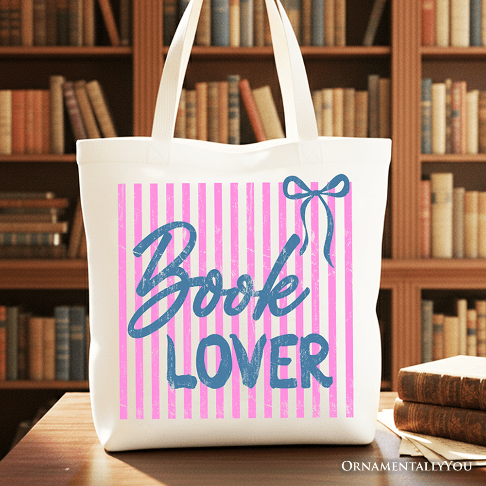 Book Lover Striped Reader Tote Bag, Coquette Bookworm Gift Shopper