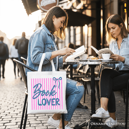 Book Lover Striped Reader Tote Bag, Coquette Bookworm Gift Shopper