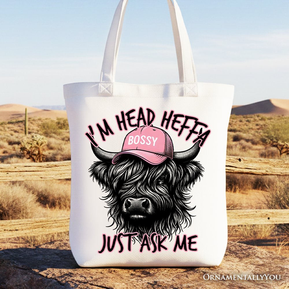 Bossy Highland Cow Canvas Tote Bag, Head Heifer Funny Western Gift Shopper
