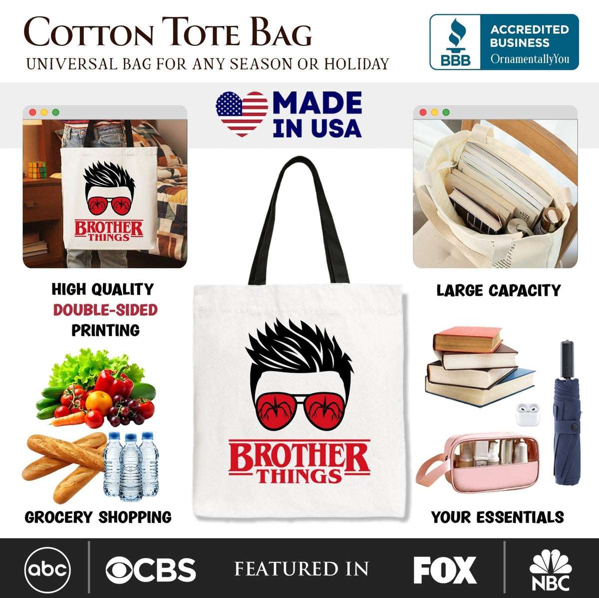 Brother Things Retro Canvas Tote Bag, Red Glasses Family Matching Gift Shopper