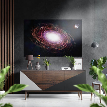 Spiral Galaxy and Distant Moon Brushed Aluminium Dibond Wall Art