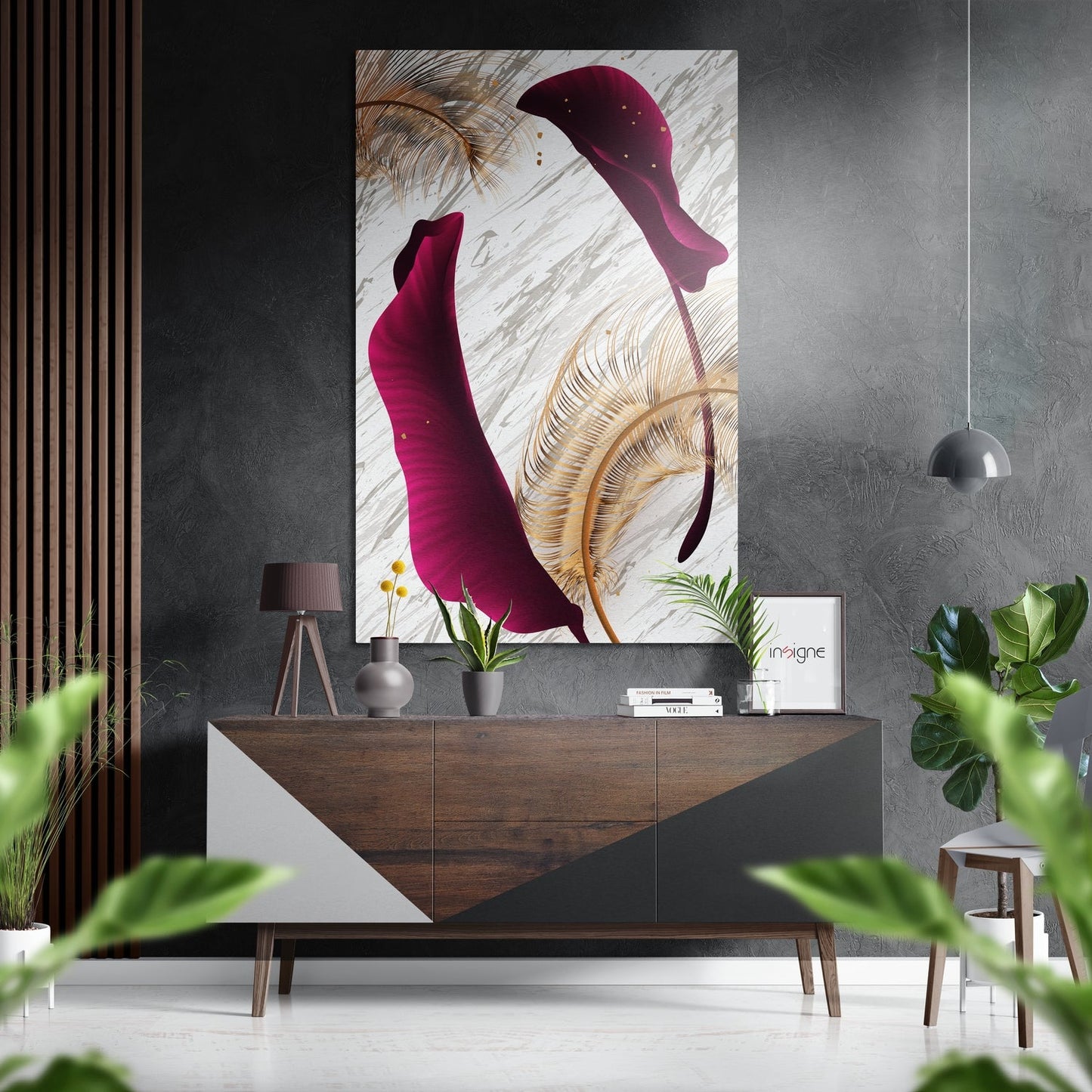 Magenta Petals and Gold Feather Brushed Aluminium Dibond Wall Art