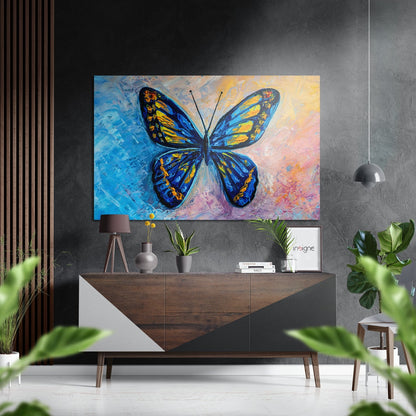 Blue Yellow Butterfly Painting Brushed Aluminium Dibond Wall Art