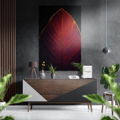 Glowing Red Veined Leaf Brushed Aluminium Dibond Wall Art