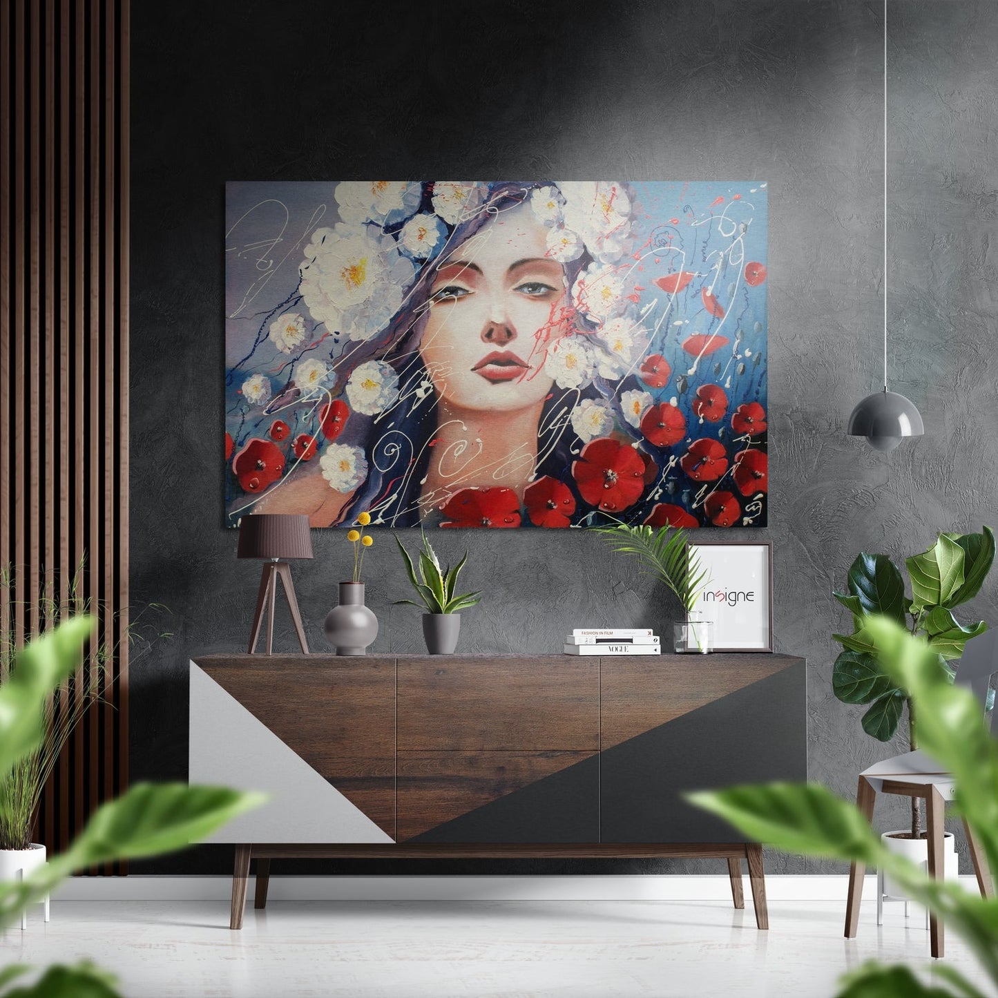 Red Poppies And White Blossoms Woman Brushed Aluminium Dibond Wall Art