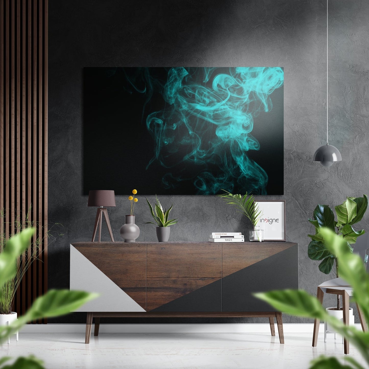 Turquoise Swirling Smoke On Black Brushed Aluminium Dibond Wall Art
