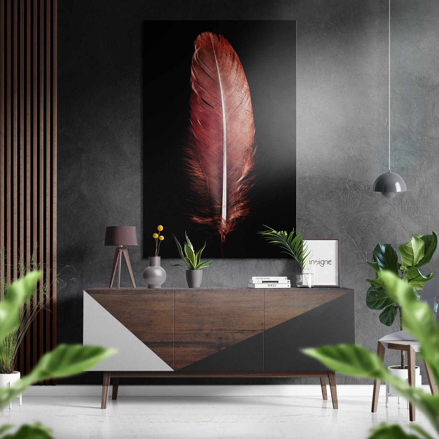 Crimson Red Feather on Black Brushed Aluminium Dibond Wall Art