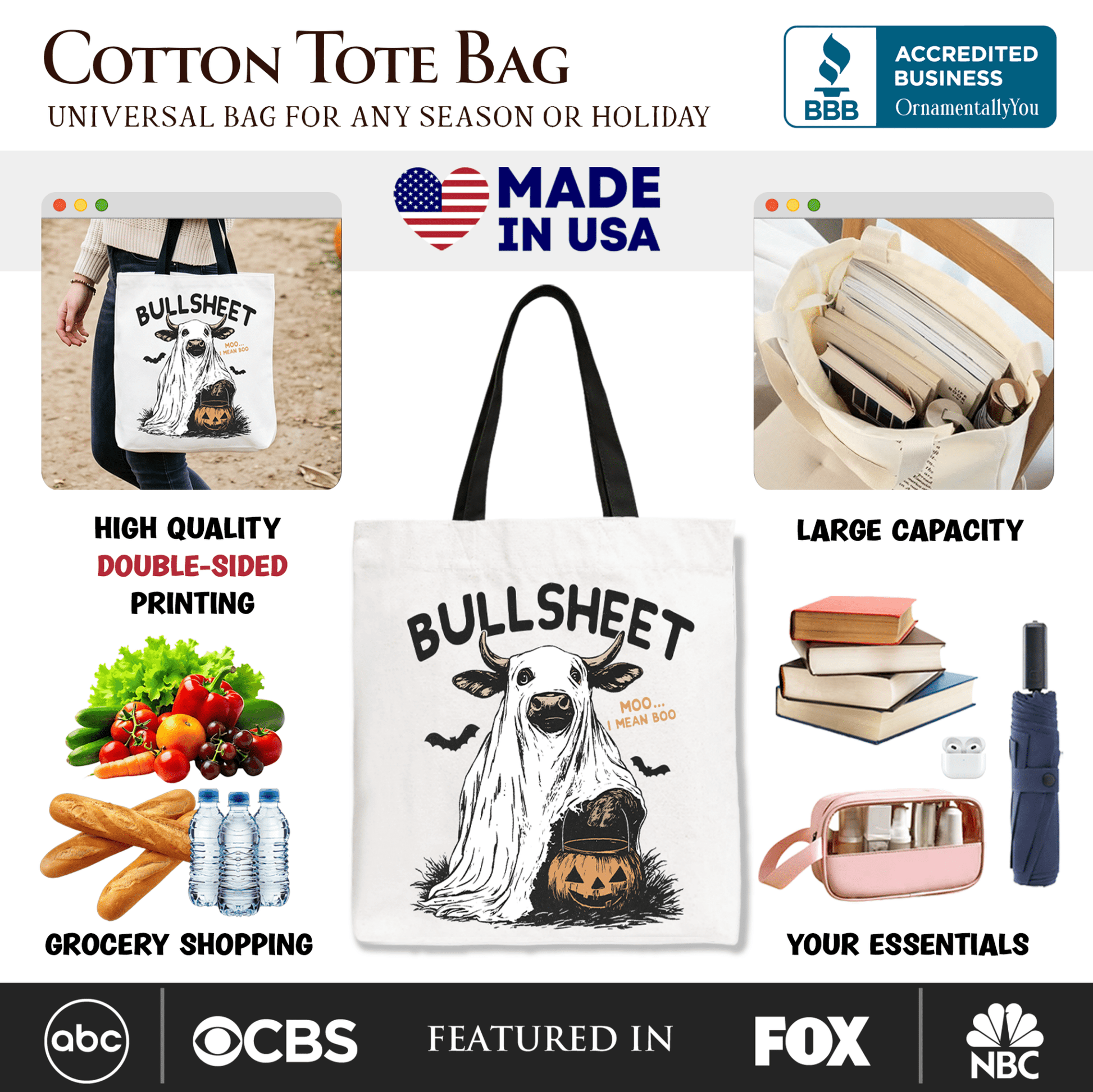 Bullsheet Halloween Bull Tote Bag, Hilarious Cow Gift Shopper for Trick-or-Treaters