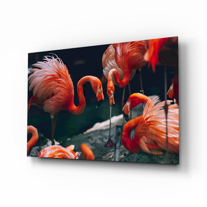 Tropical Foliage Pink Flamingo Flock Glass Wall Art