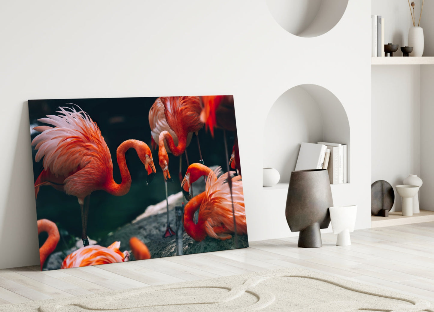 Tropical Foliage Pink Flamingo Flock Glass Wall Art