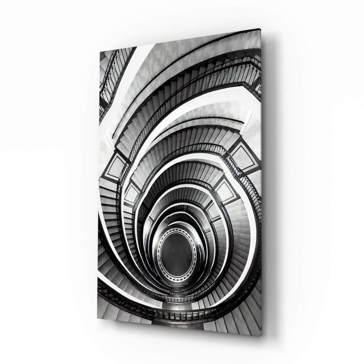 Monochrome Spiral Staircase From Above Glass Wall Art