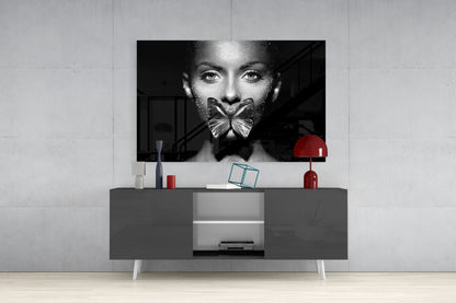 Silver Butterfly Over Lips Portrait Glass Wall Art