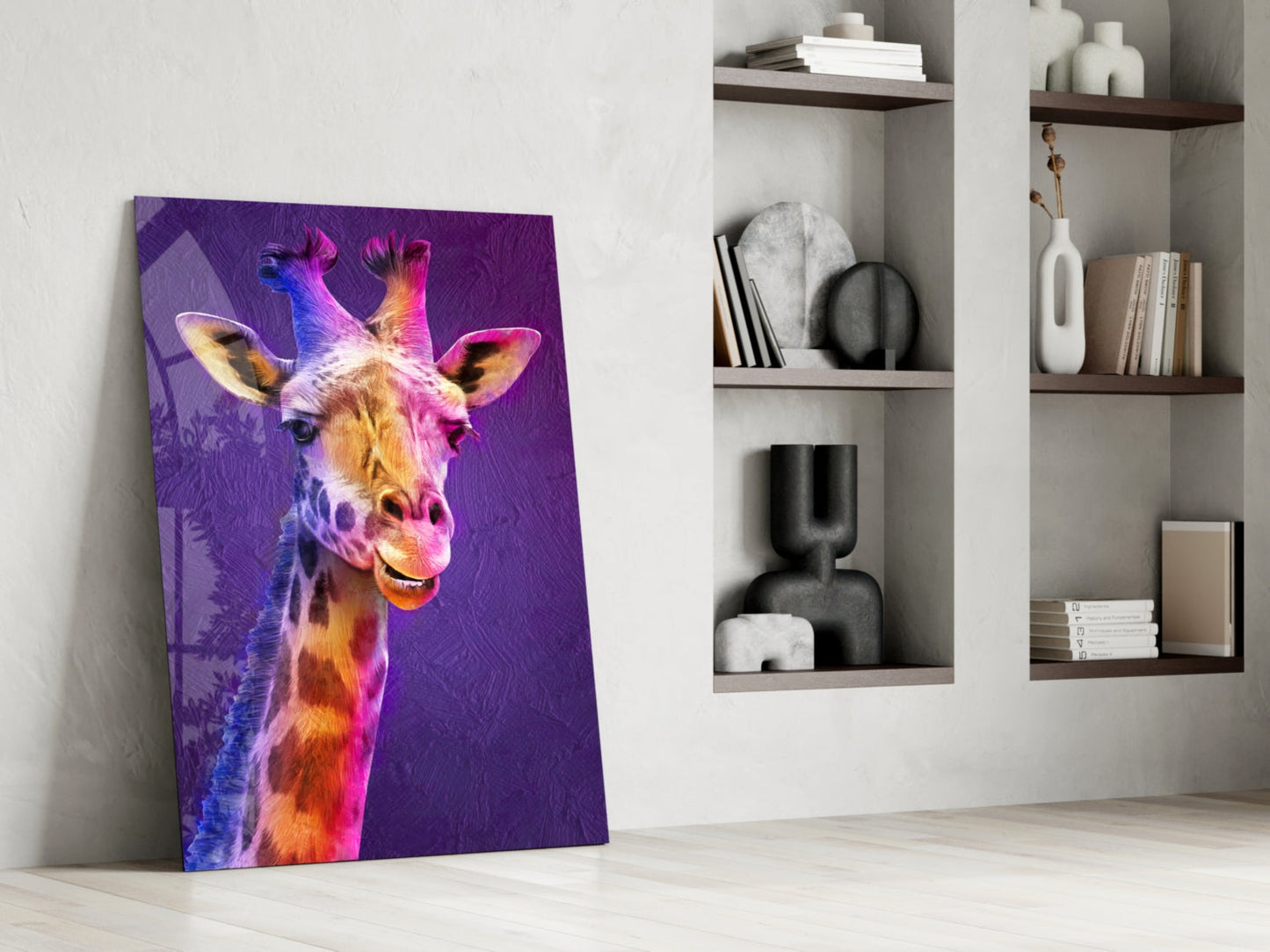 Purple Pink Painted Giraffe Glass Wall Art