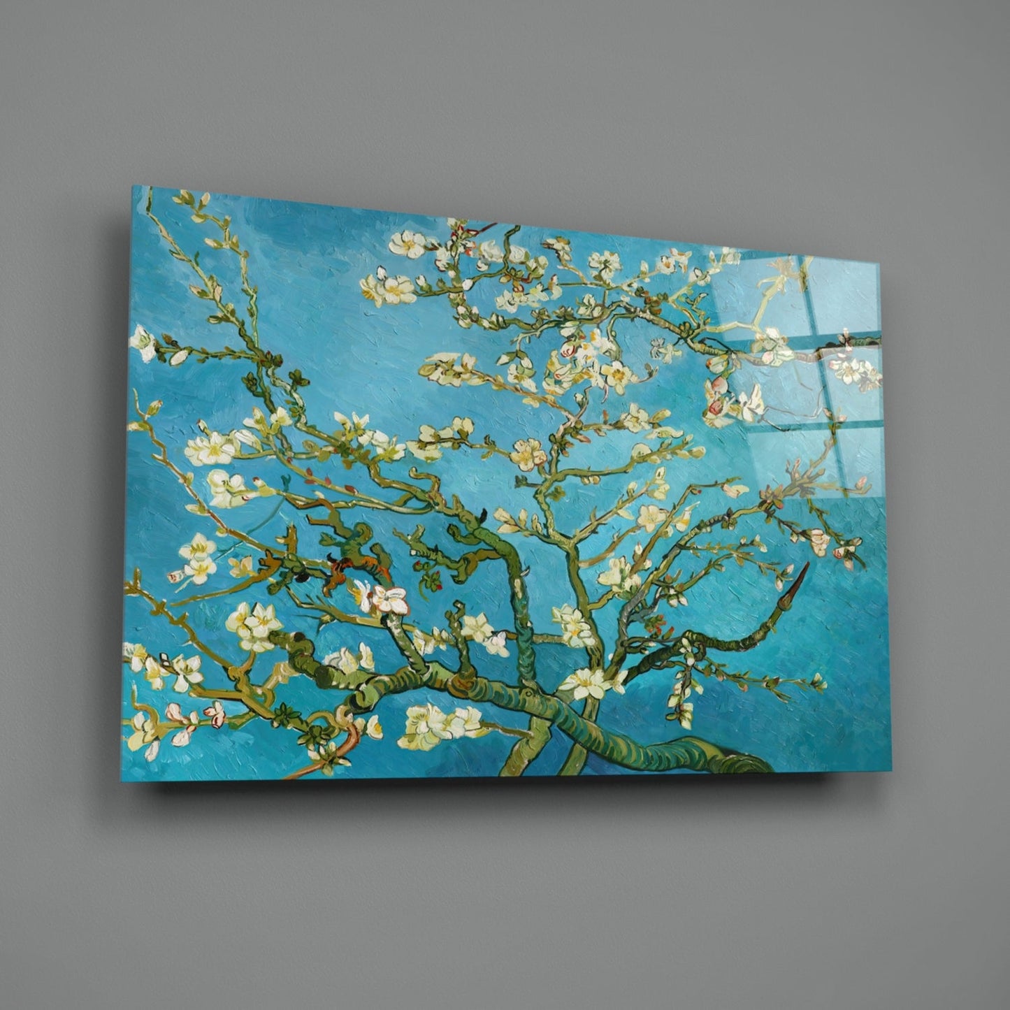 White Blossoms on Turquoise Sky Glass Wall Art