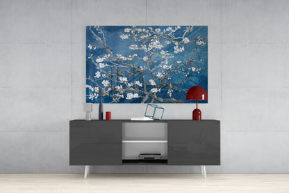 White Blossoms on Deep Blue Glass Wall Art