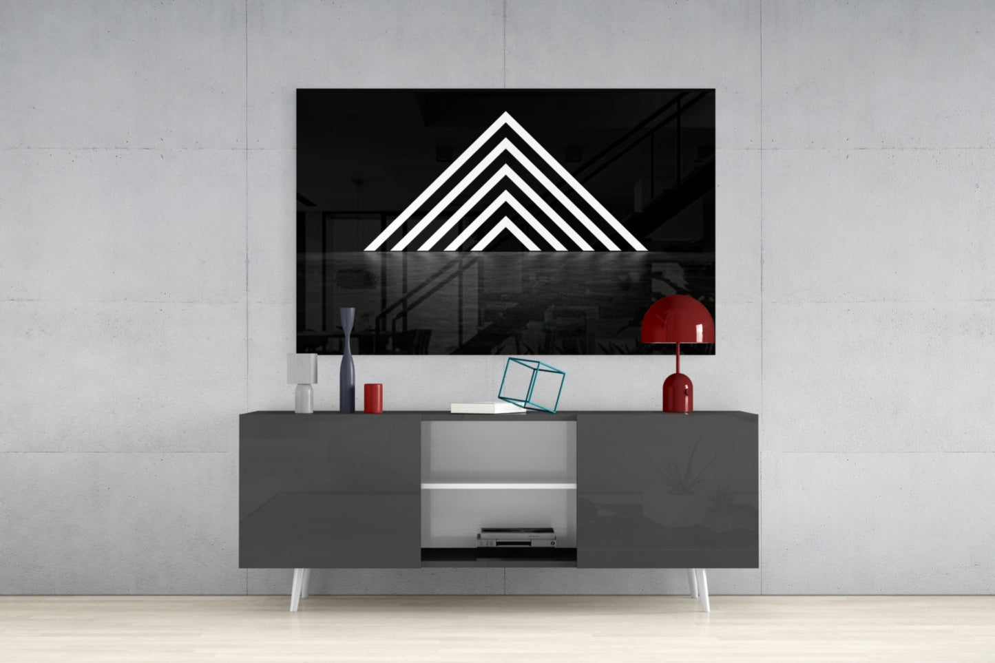 Glowing Chevron Pyramid on Black Glass Wall Art