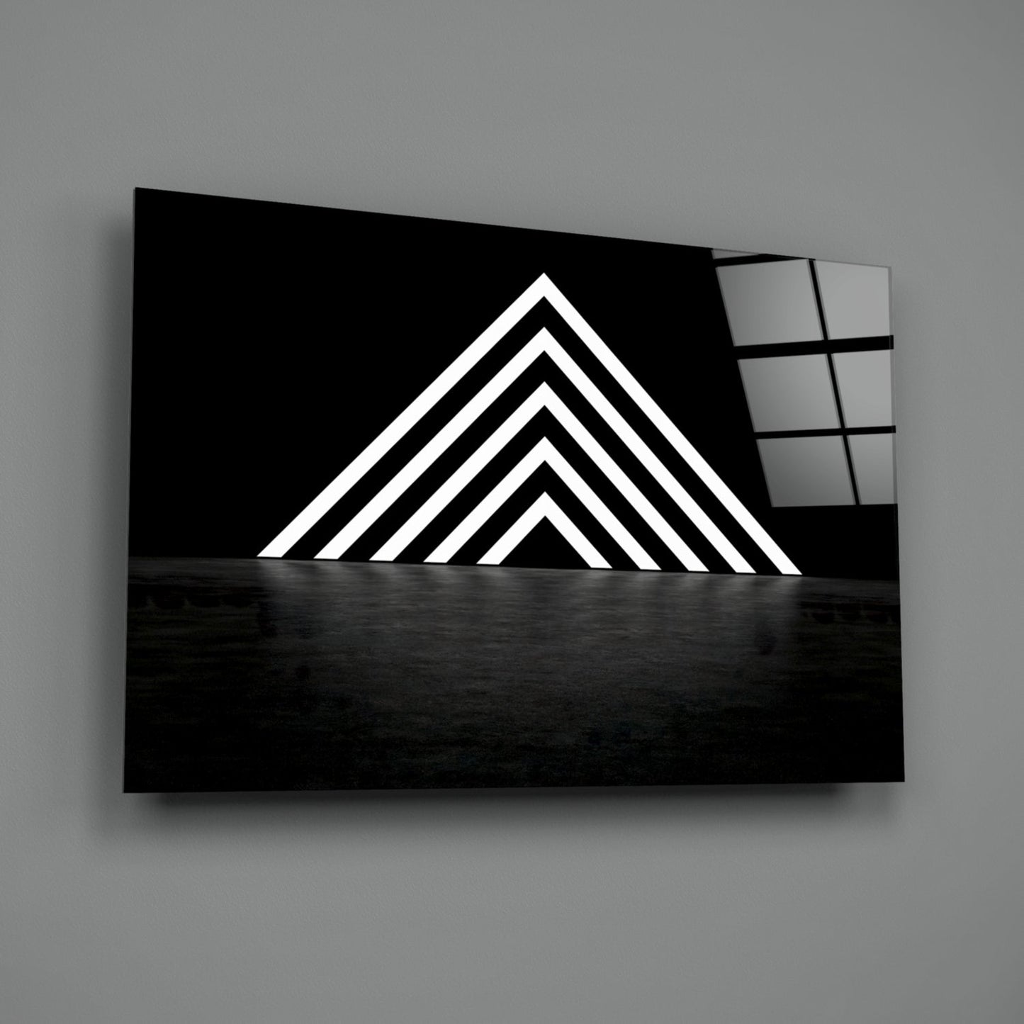 Glowing Chevron Pyramid on Black Glass Wall Art