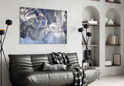 Blue Silver Ink Marble Glass Wall Art