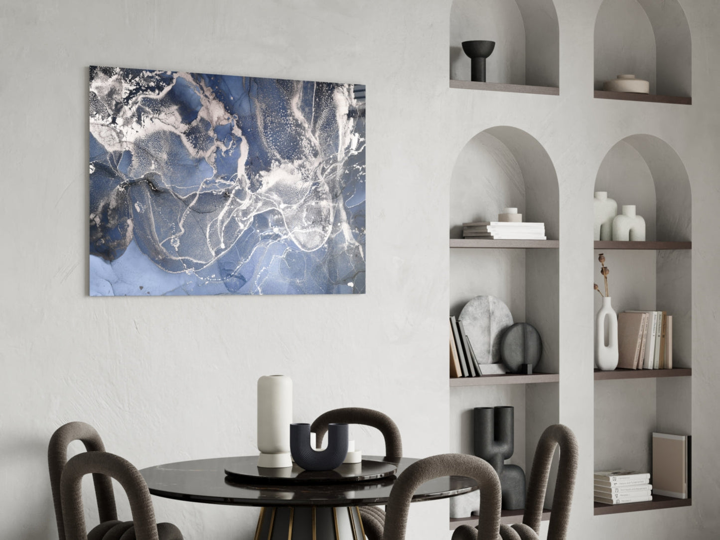 Blue Silver Ink Marble Glass Wall Art