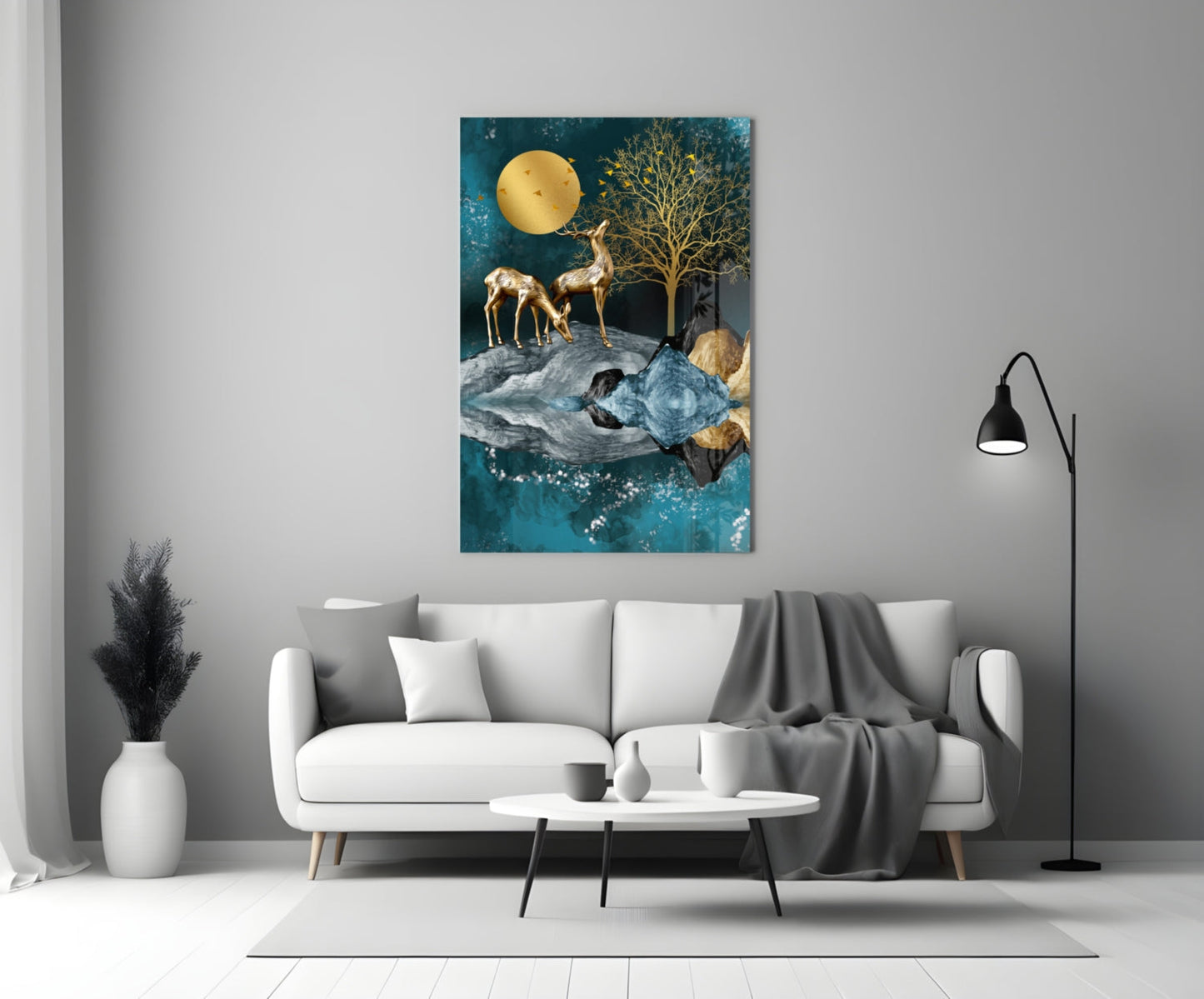 Golden Deer Teal Lake Moon Glass Wall Art