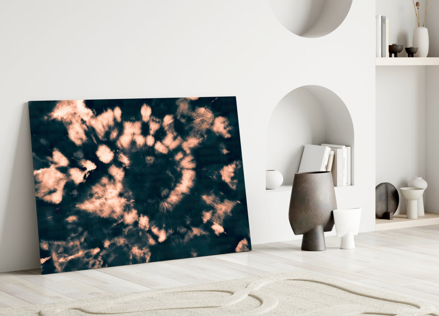 Peach Dandelion Spiral Navy Glass Wall Art