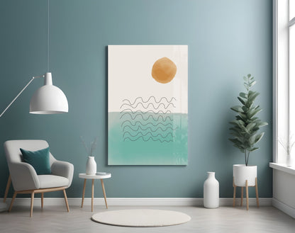 Ochre Sun Teal Ocean Waves Glass Wall Art