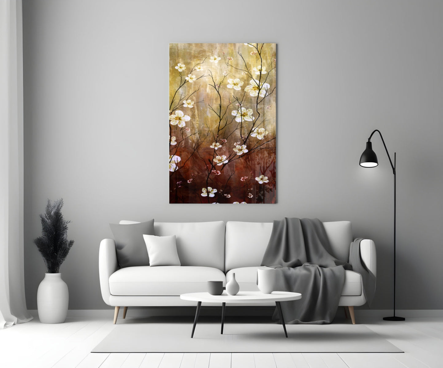 Amber Brown Blossom Branch Panel Glass Wall Art