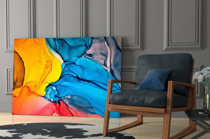 Blue and Orange Ink Flow Glass Wall Art