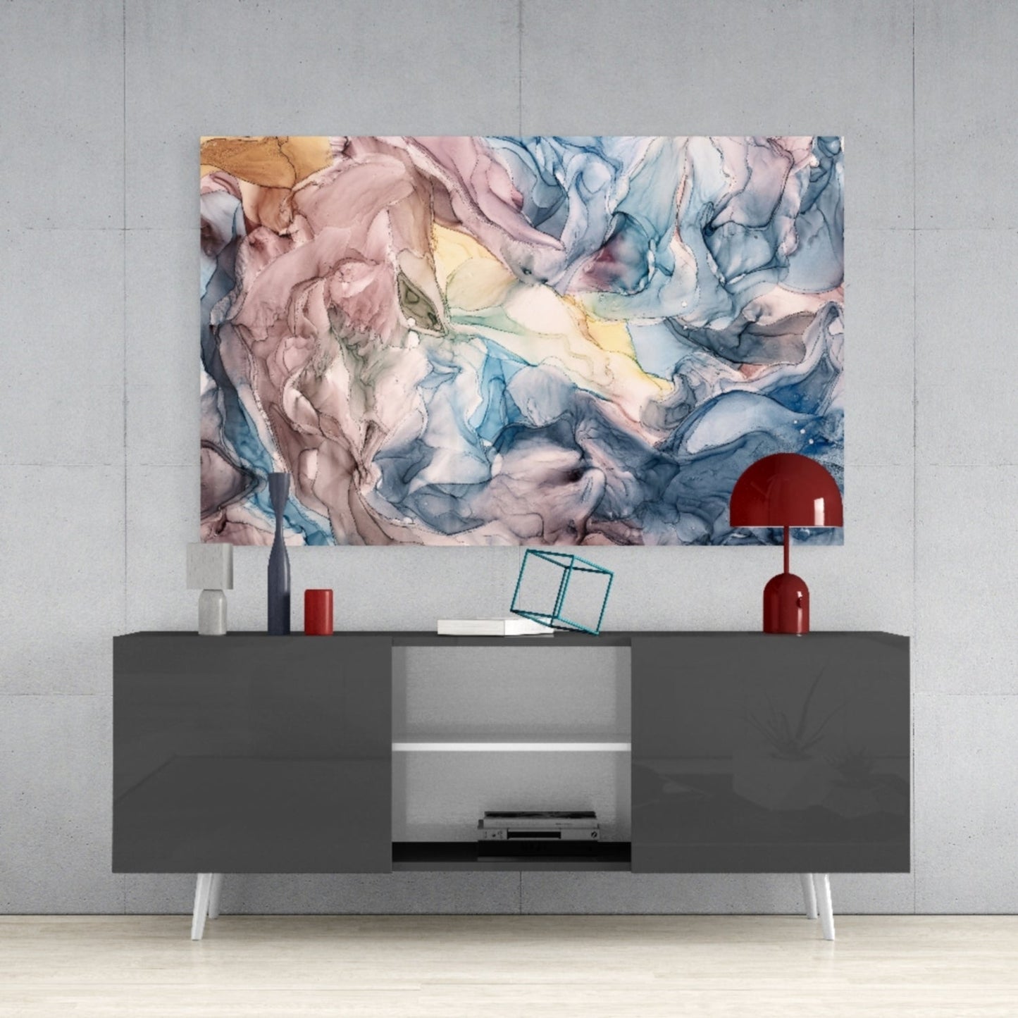 Pastel Blue Pink Ink Flow Glass Wall Art