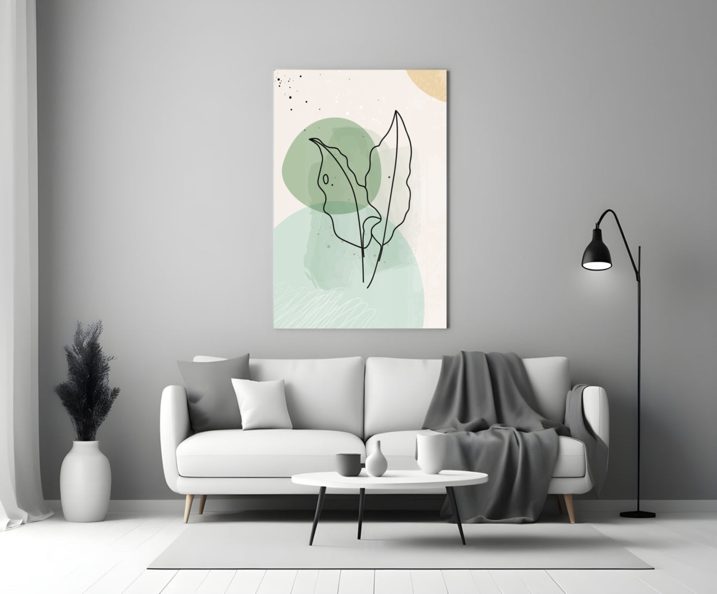 Twin Leaves Sage Green Line Glass Wall Art
