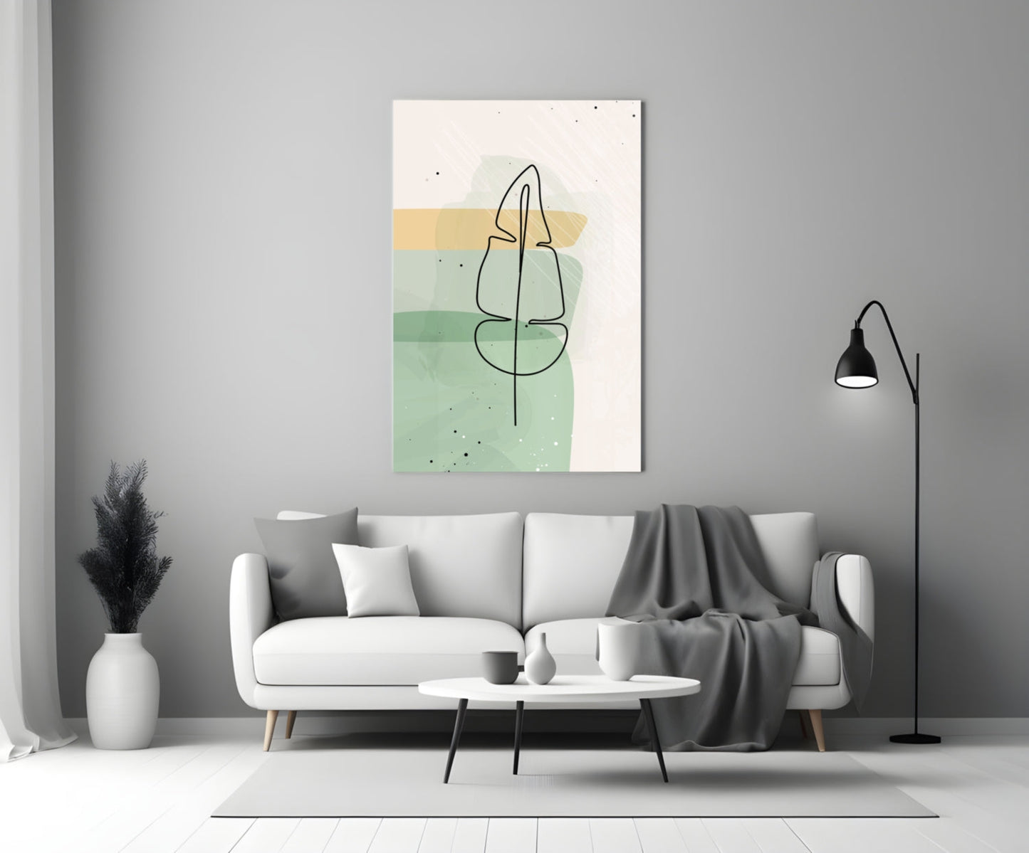 Line Art Leaf Sage Yellow Glass Wall Art