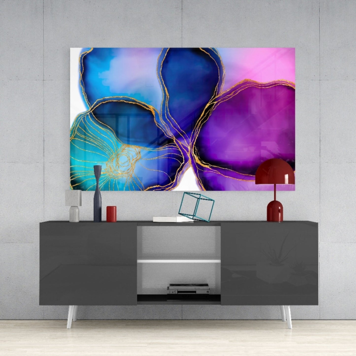 Purple Blue Gold Vein Marble Glass Wall Art