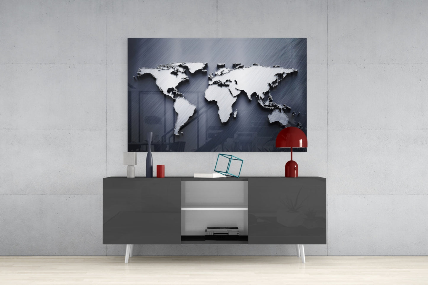 Silver World Map Glass Wall Art