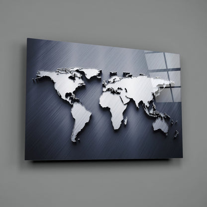Silver World Map Glass Wall Art