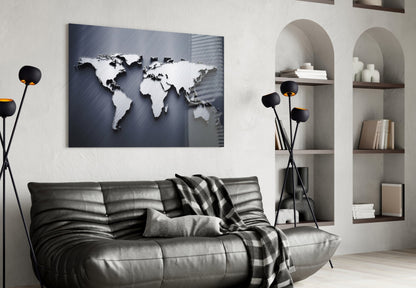 Silver World Map Glass Wall Art