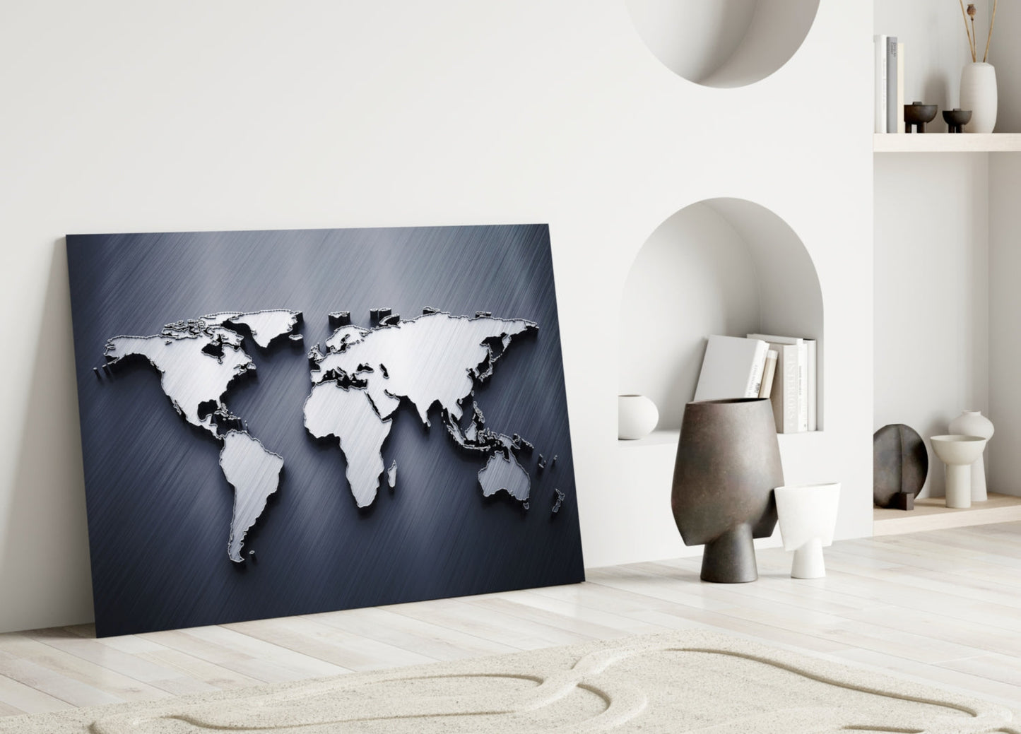 Silver World Map Glass Wall Art