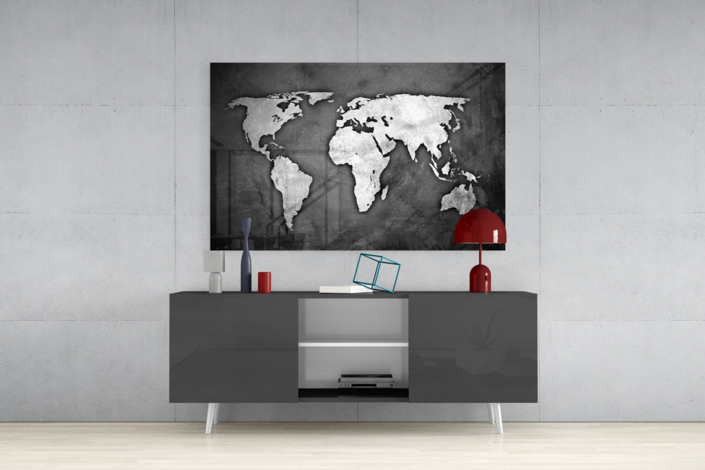 Silver Foil World Map Dark Glass Wall Art