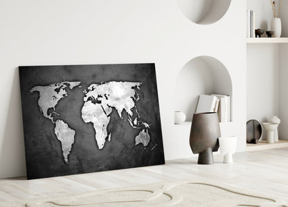 Silver Foil World Map Dark Glass Wall Art