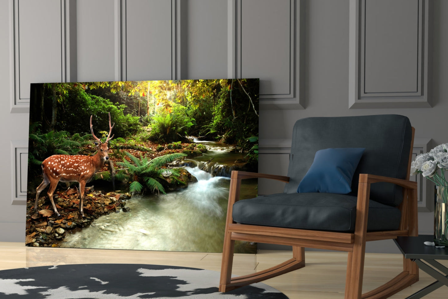 Spotted Deer Forest Stream Glass Wall Art