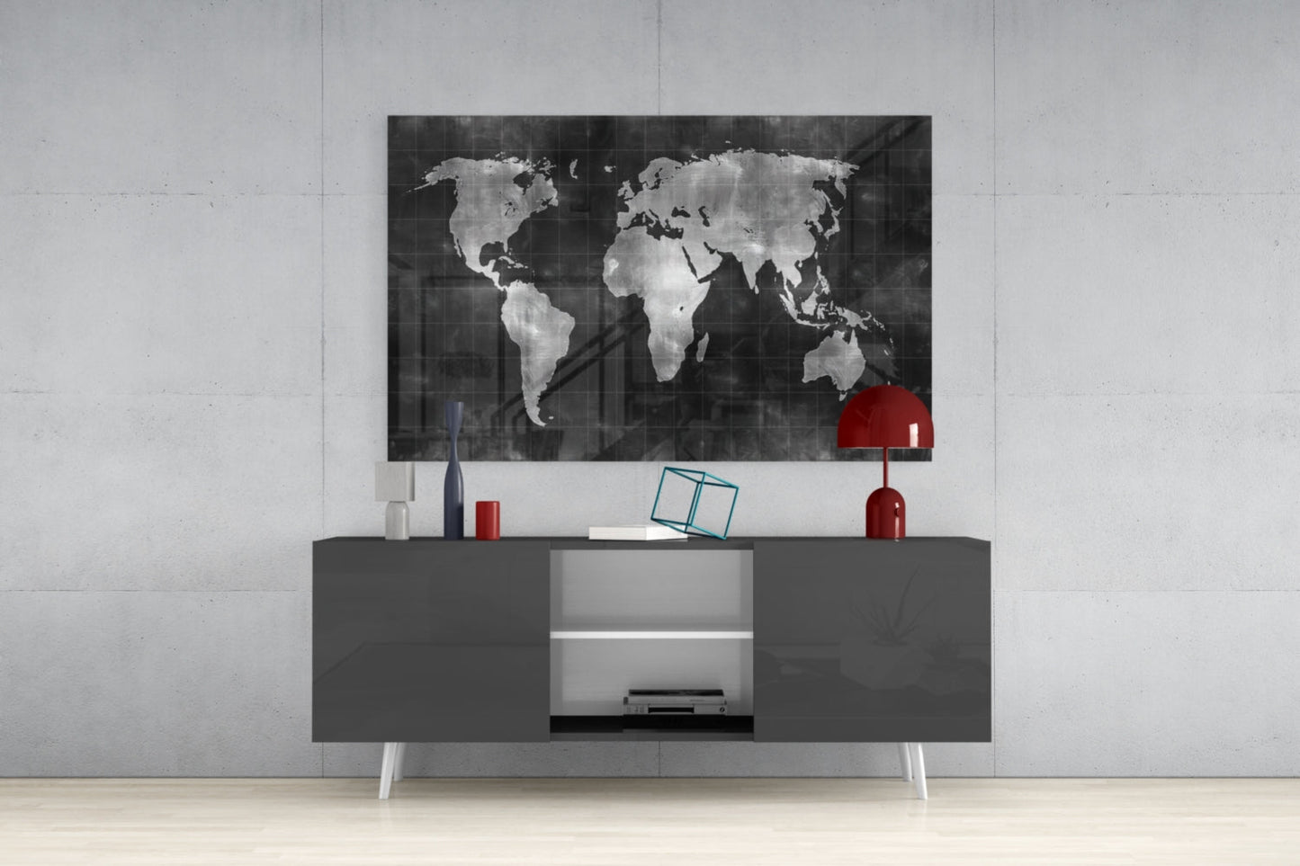 Misty Silver World Map Grid Glass Wall Art
