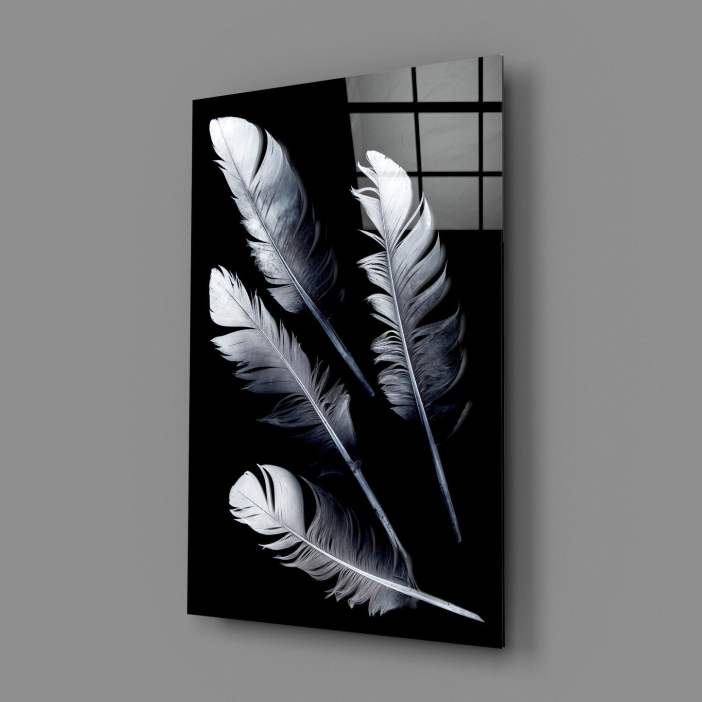 White Feathers on Black Glass Wall Art