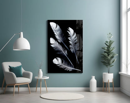 White Feathers on Black Glass Wall Art