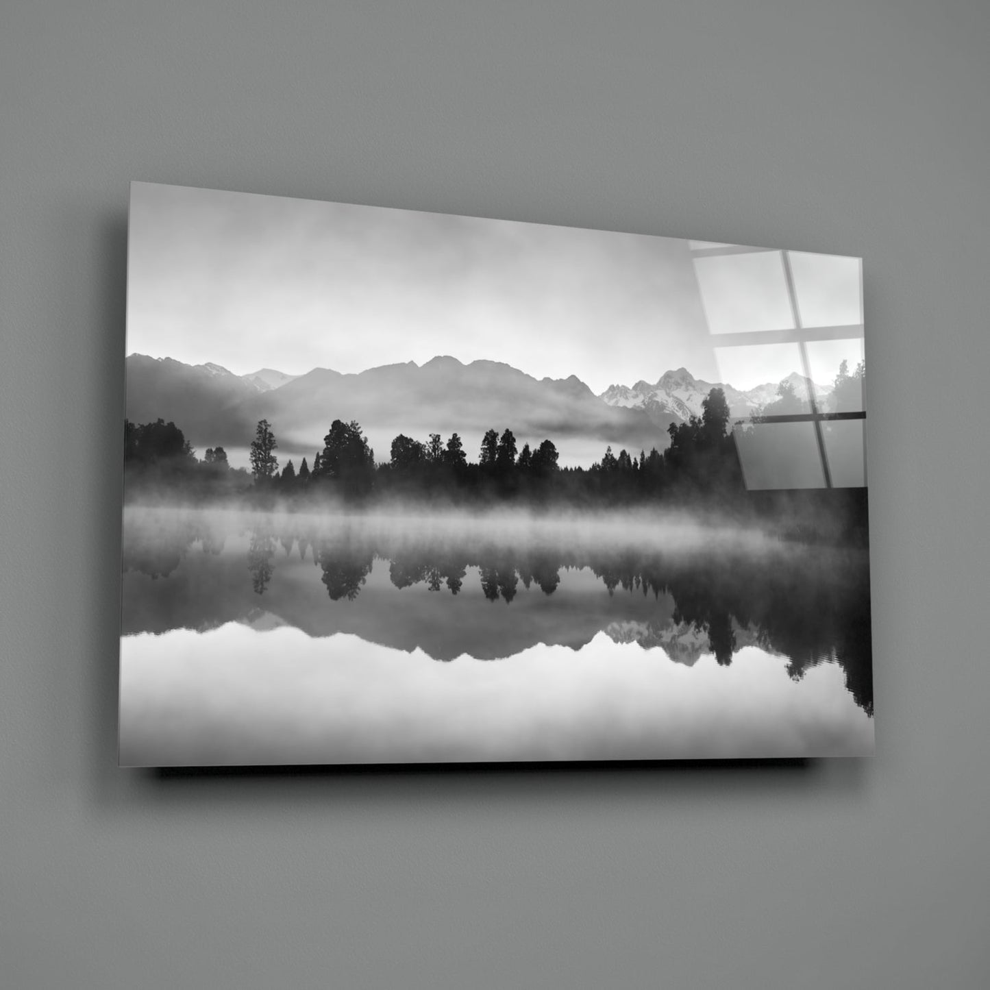 Misty Monochrome Lake Mirror Glass Wall Art