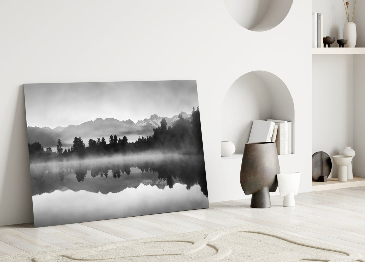 Misty Monochrome Lake Mirror Glass Wall Art