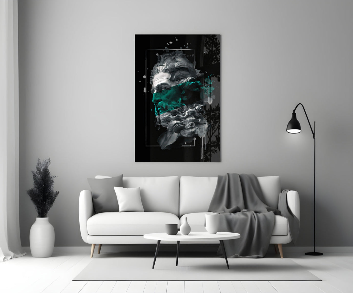 Emerald Paint Stripe Poseidon Bust Glass Wall Art