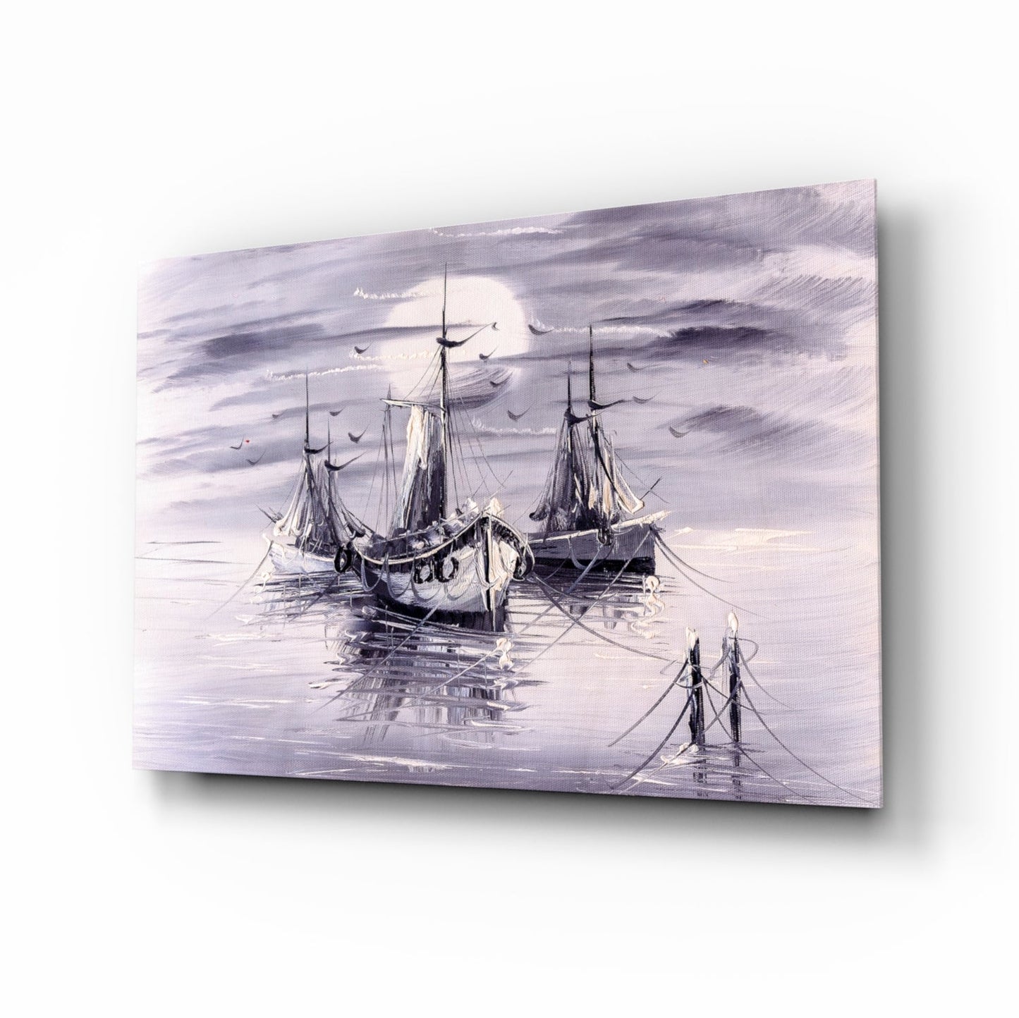 Moonlit Tall Ships In Lavender Mist Glass Wall Art