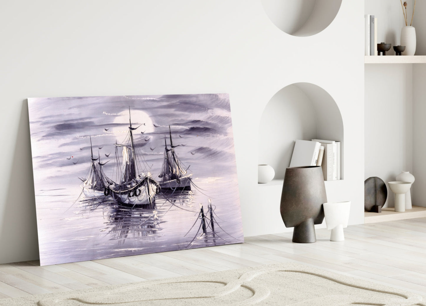 Moonlit Tall Ships In Lavender Mist Glass Wall Art