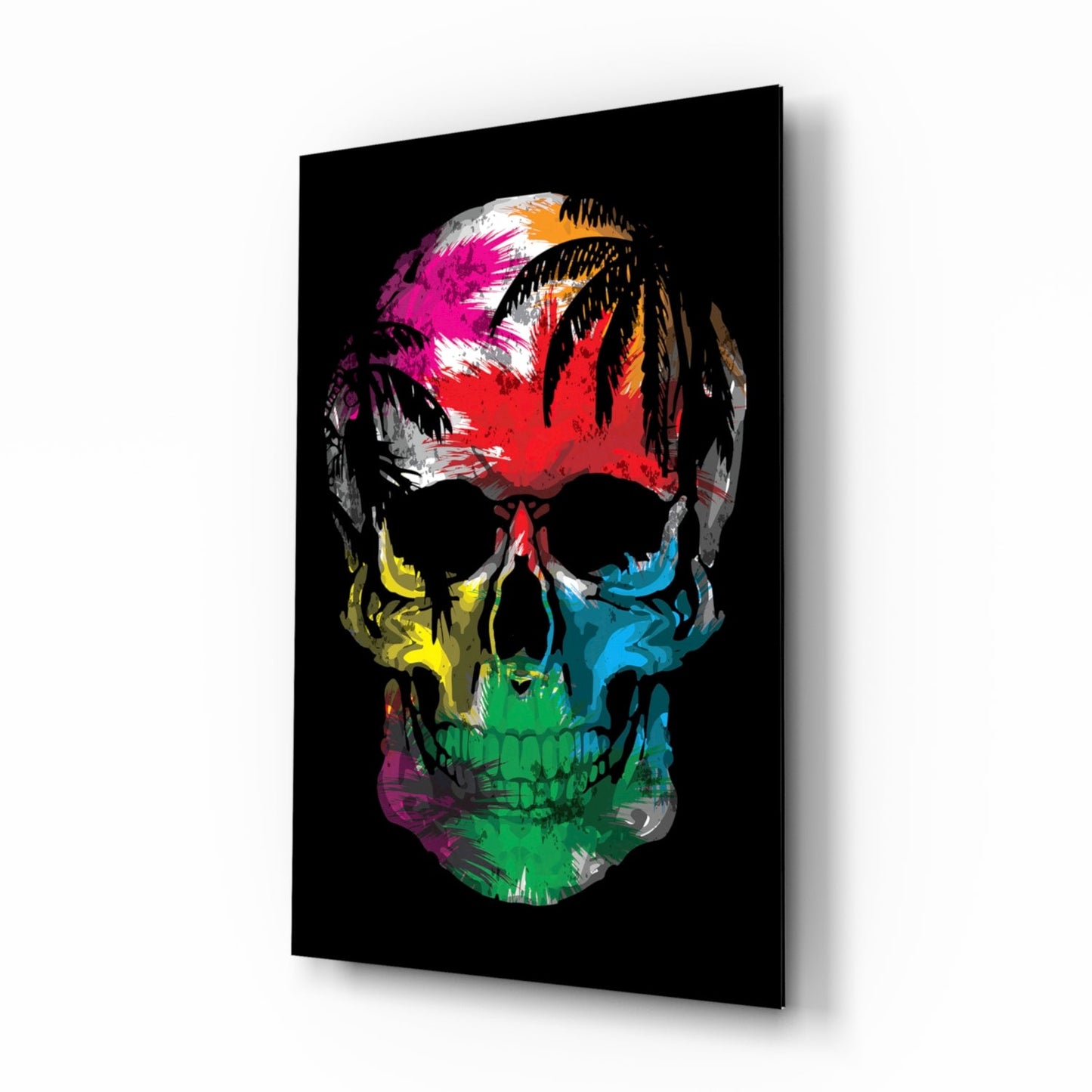 Rainbow Feather Paint Skull Glass Wall Art